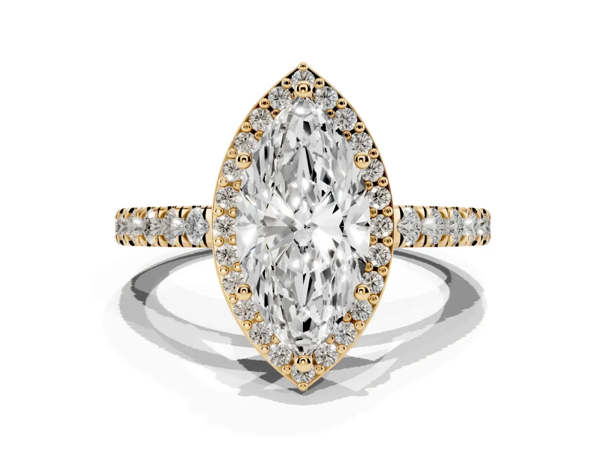 Marquise Cut Cut Halo Diamond Engagement Ring with Pave Band and Four-Prong Setting Yellow gold