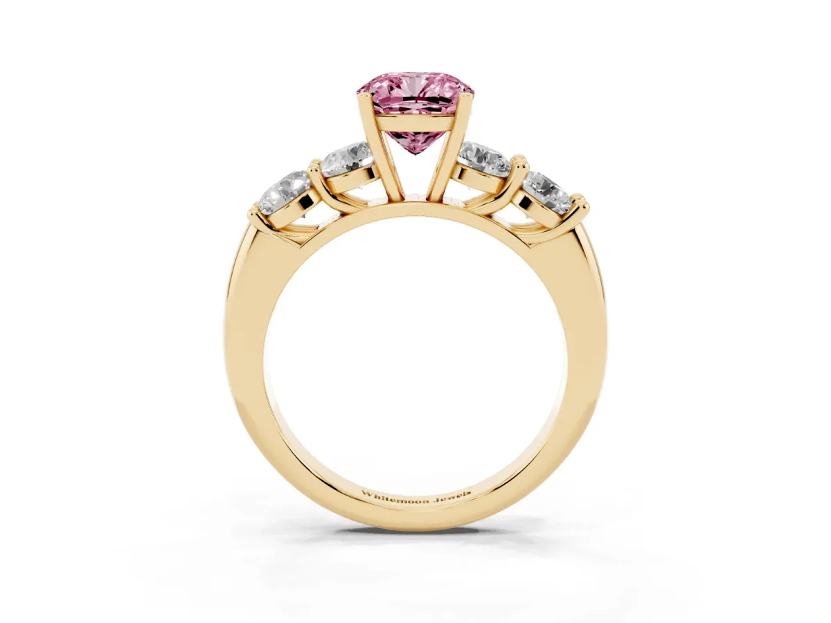 Fancy Pink Cushion Cut Cut Five-Stone Prong Set Diamond Ring with Classic Band Yellow gold