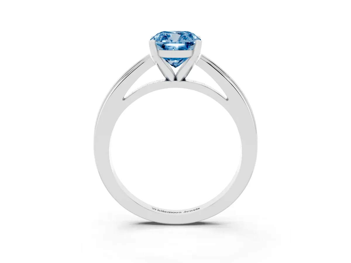 Fancy Blue Cushion Cut Solitaire Diamond Ring with Four-Prong Setting and Classic Band Platinum