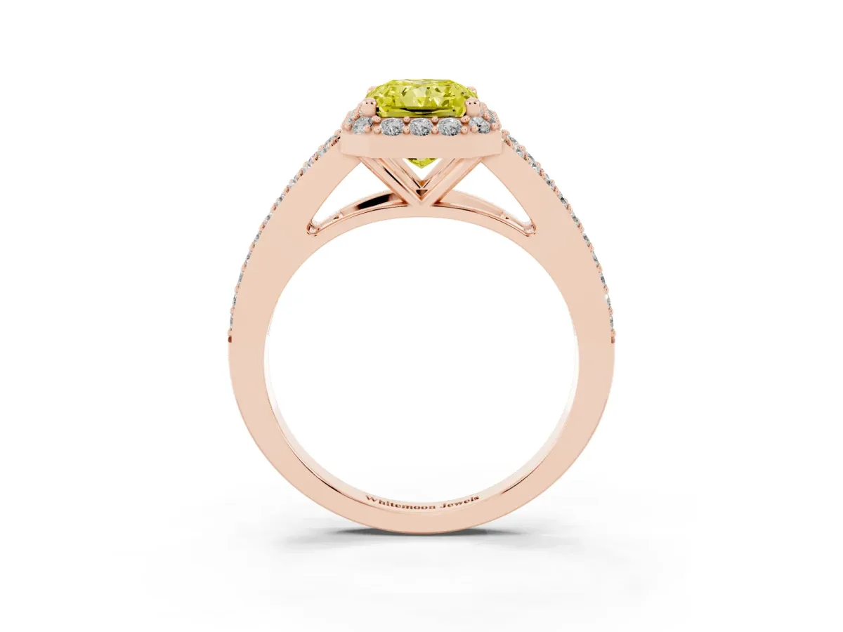 Fancy Yellow Radiant Cut Halo Split Shank Diamond Ring with Prong Setting Rose gold
