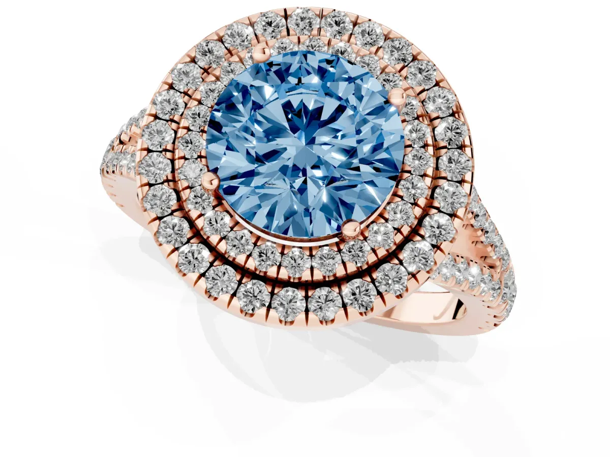 Fancy Blue Round Cut Diamond Double Halo Ring with Pavé Band and Prong Setting Rose gold