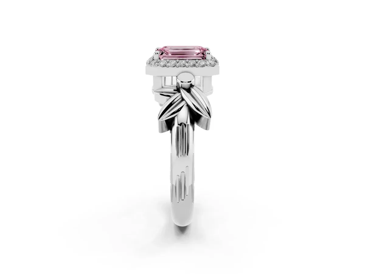 Fancy Pink Emerald Cut Halo Diamond Floral Band with Four-Prong Setting Platinum