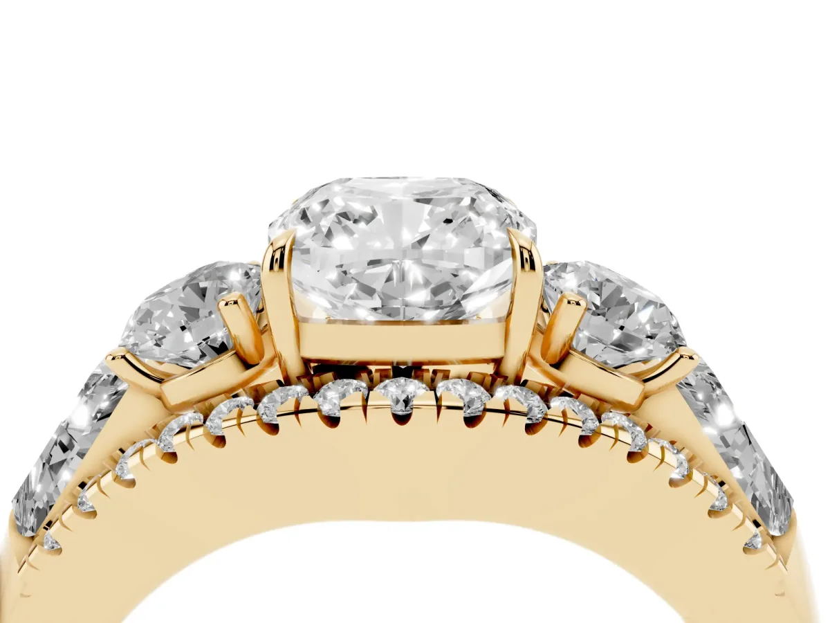 Three-Stone Cushion Cut Diamond Engagement Ring with Pave Band and Prong Setting Yellow gold