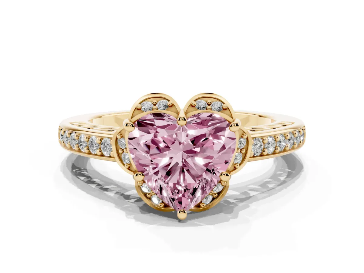 Fancy Pink Heart Cut Cut Halo Diamond Ring with Channel Set Band and Four-Prong Setting Yellow gold