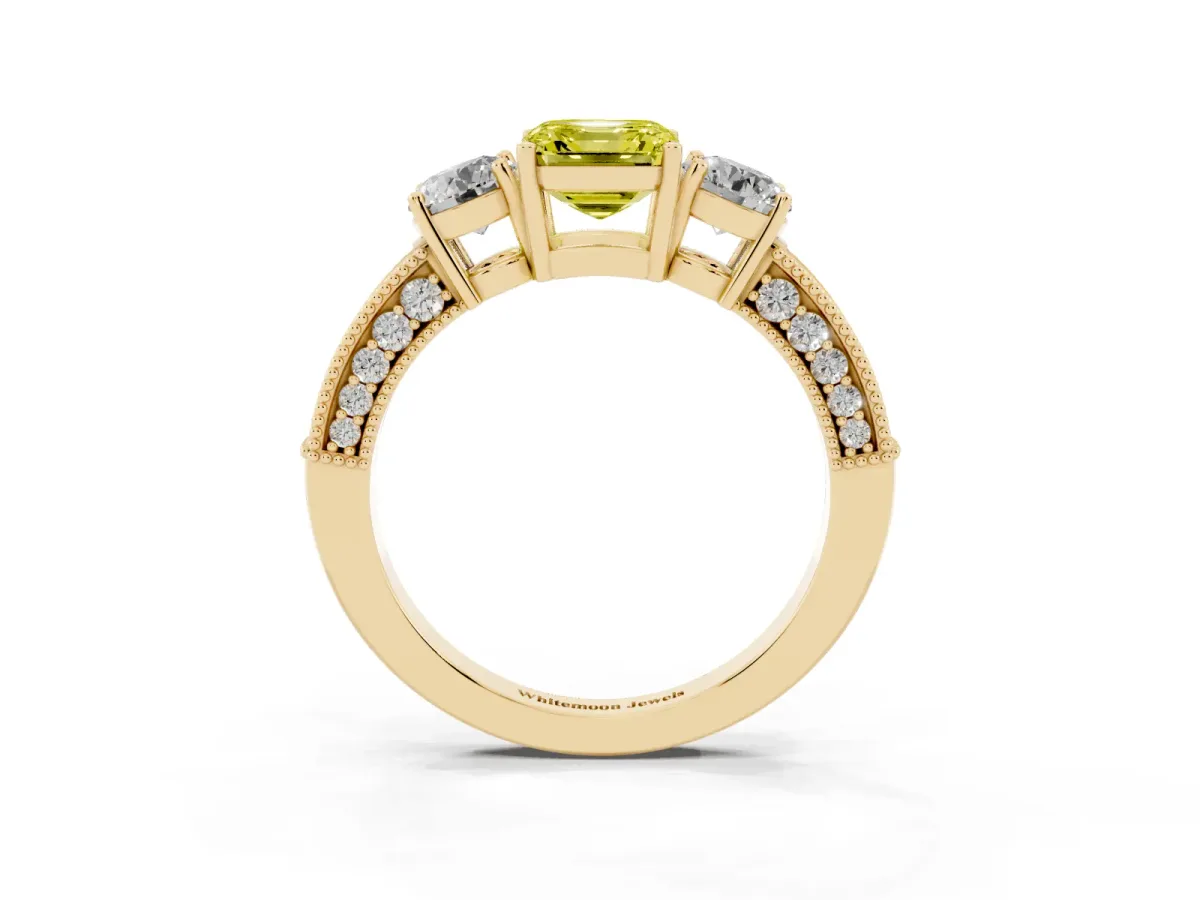 Fancy Yellow Asscher Cut Three-Stone Diamond Ring with Pavé Band and Four-Prong Setting Yellow gold