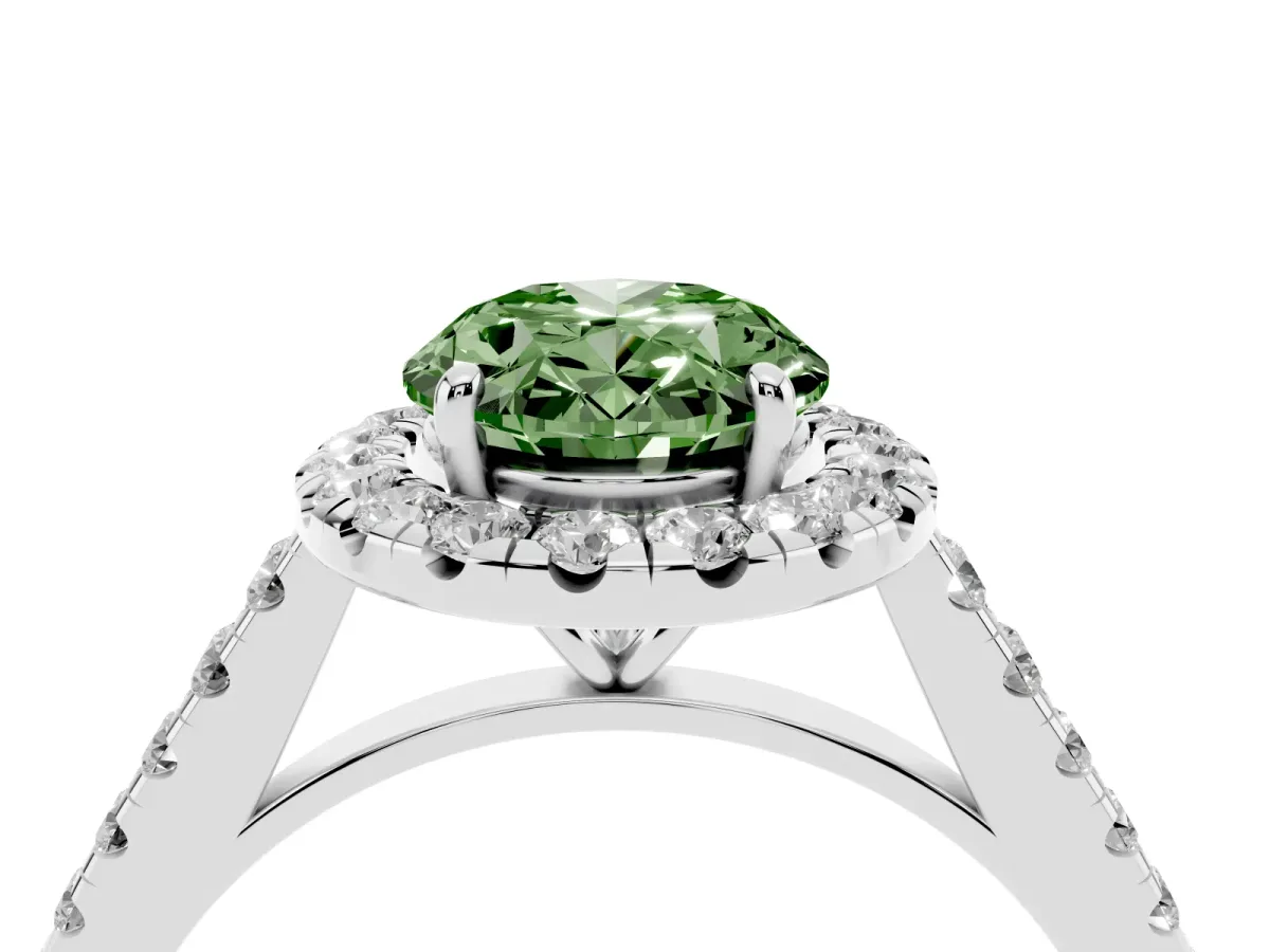 Fancy Green Oval Cut Halo Pave Diamond Engagement Ring with Four-Prong Setting Silver