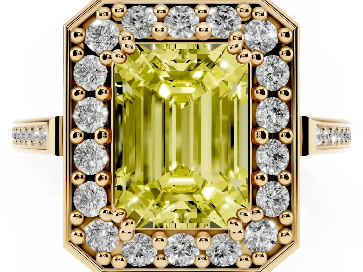 Fancy Yellow Emerald Cut Diamond Halo Ring with Split Shank and Four-Prong Setting Yellow gold