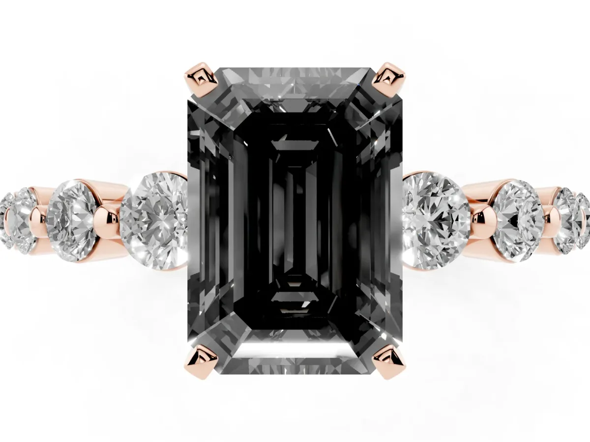 Fancy Black Emerald Cut Solitaire Diamond Ring with Pave Band and Four-Prong Setting Rose gold