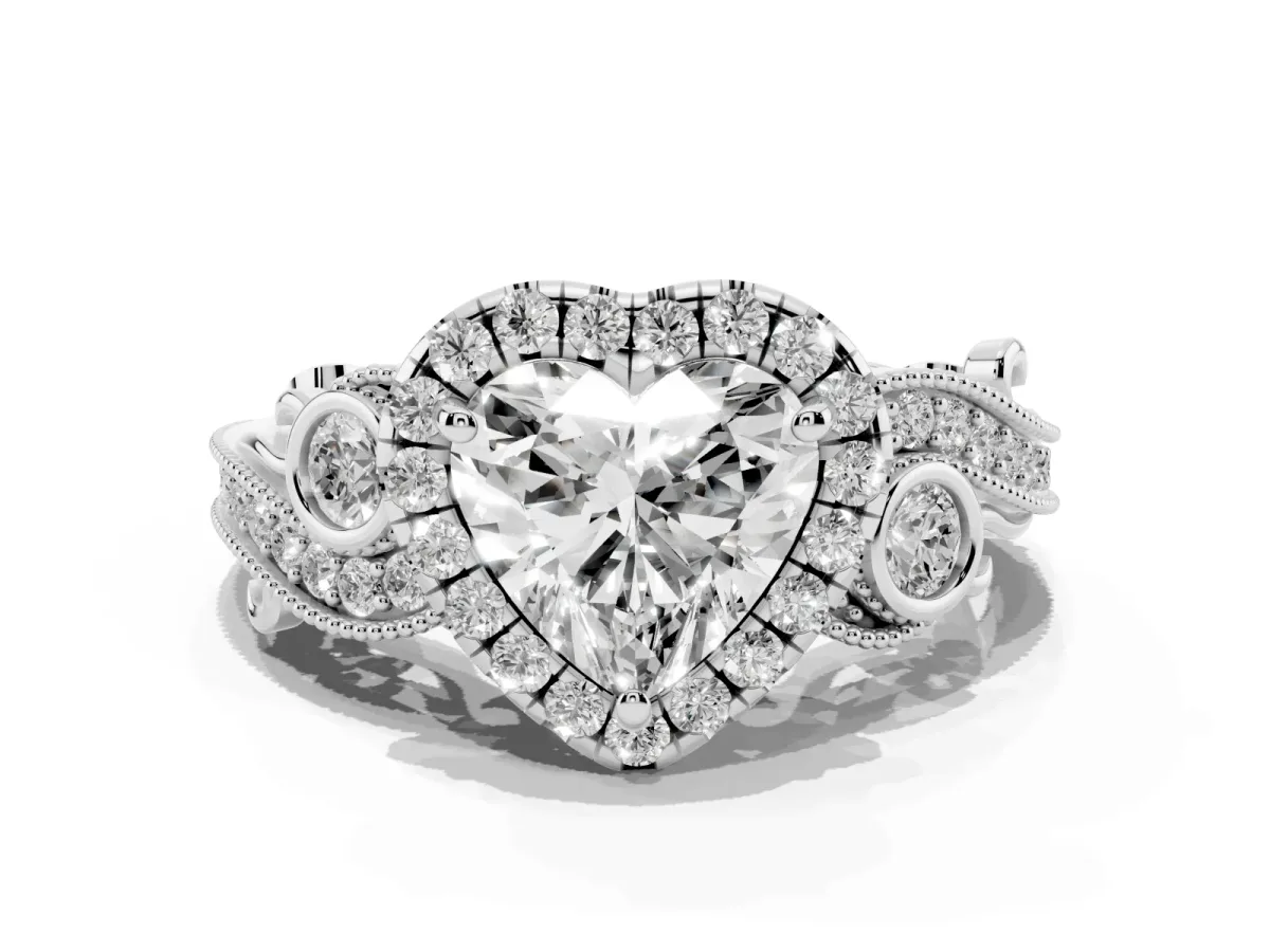 Heart Cut Halo Diamond Ring with Milgrain and Bezel Accents on a Split Shank Band Silver