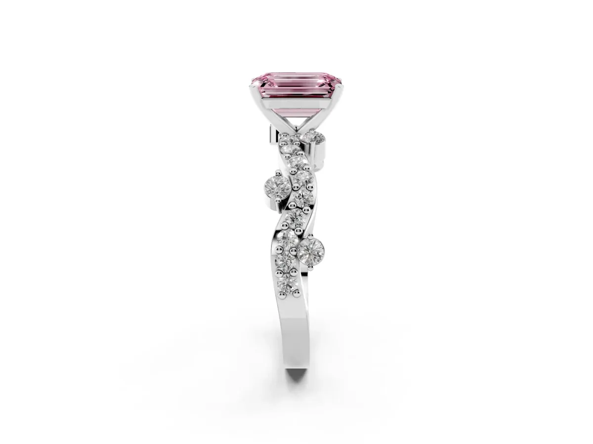 Fancy Pink Emerald Cut Cut Solitaire Diamond Twisted Band with Pave Setting Platinum