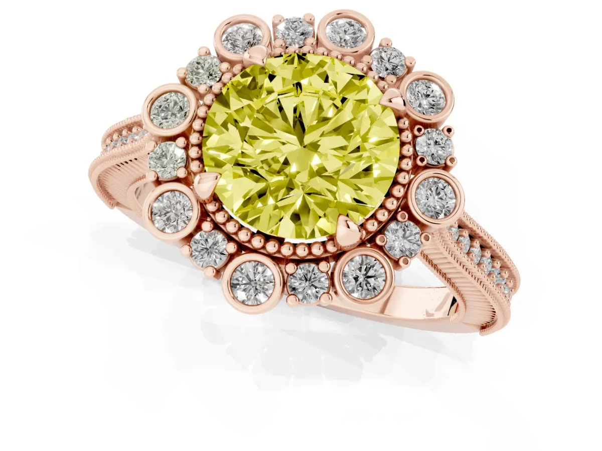 Fancy Yellow Round Cut Halo Milgrain Pave Diamond Ring with Four-Prong Setting Rose gold