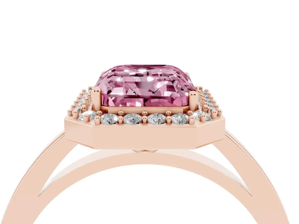 Fancy Pink Radiant Cut Halo Diamond Ring with Solitaire Band and Prong Setting Rose gold