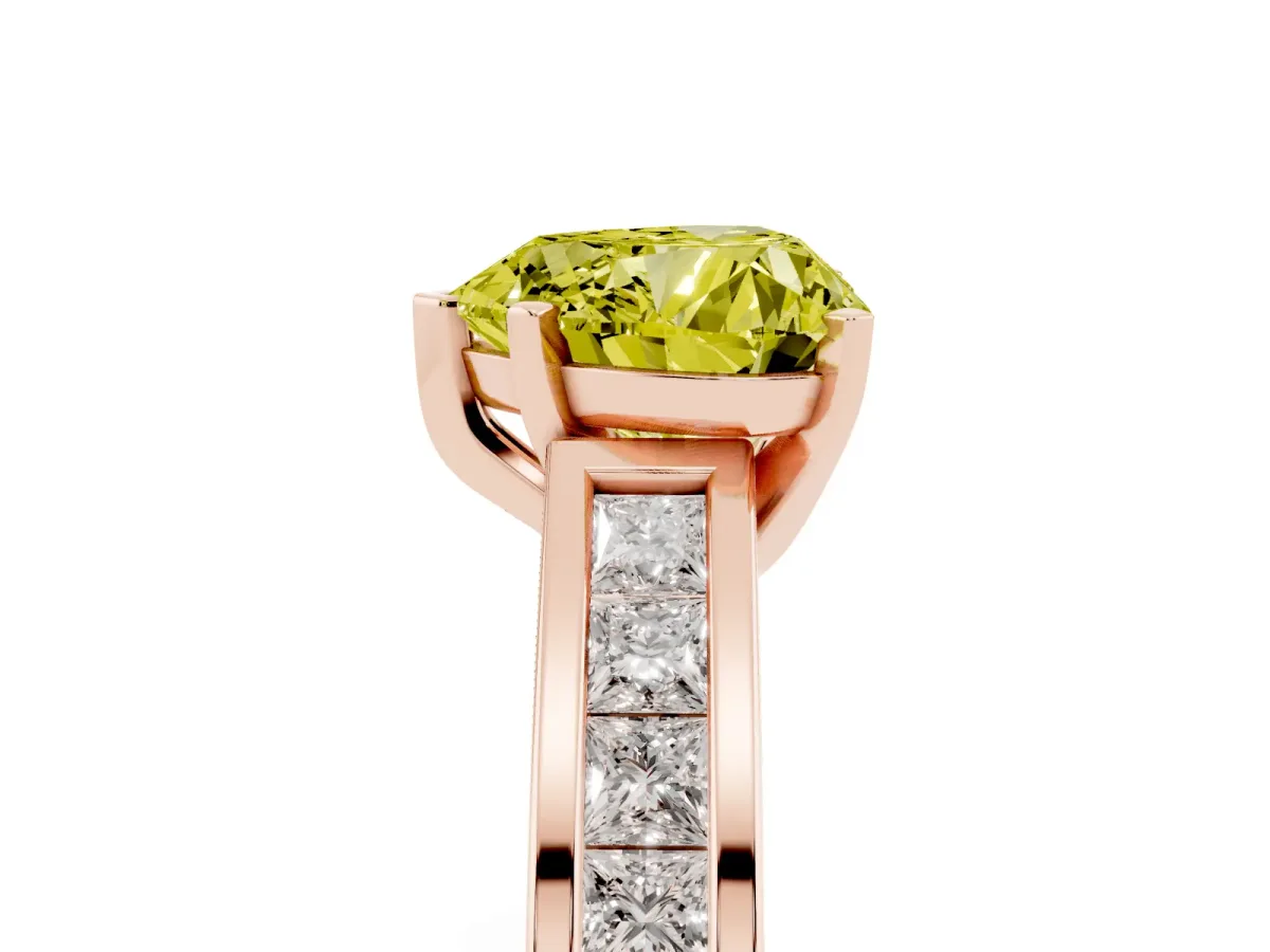 Fancy Yellow Heart Cut Solitaire Diamond Ring with Channel-Set Band and Four-Prong Setting Rose gold