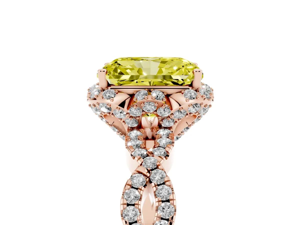Fancy Yellow Radiant Cut Halo Twist Band Solitaire Ring with Six-Prong Setting Rose gold