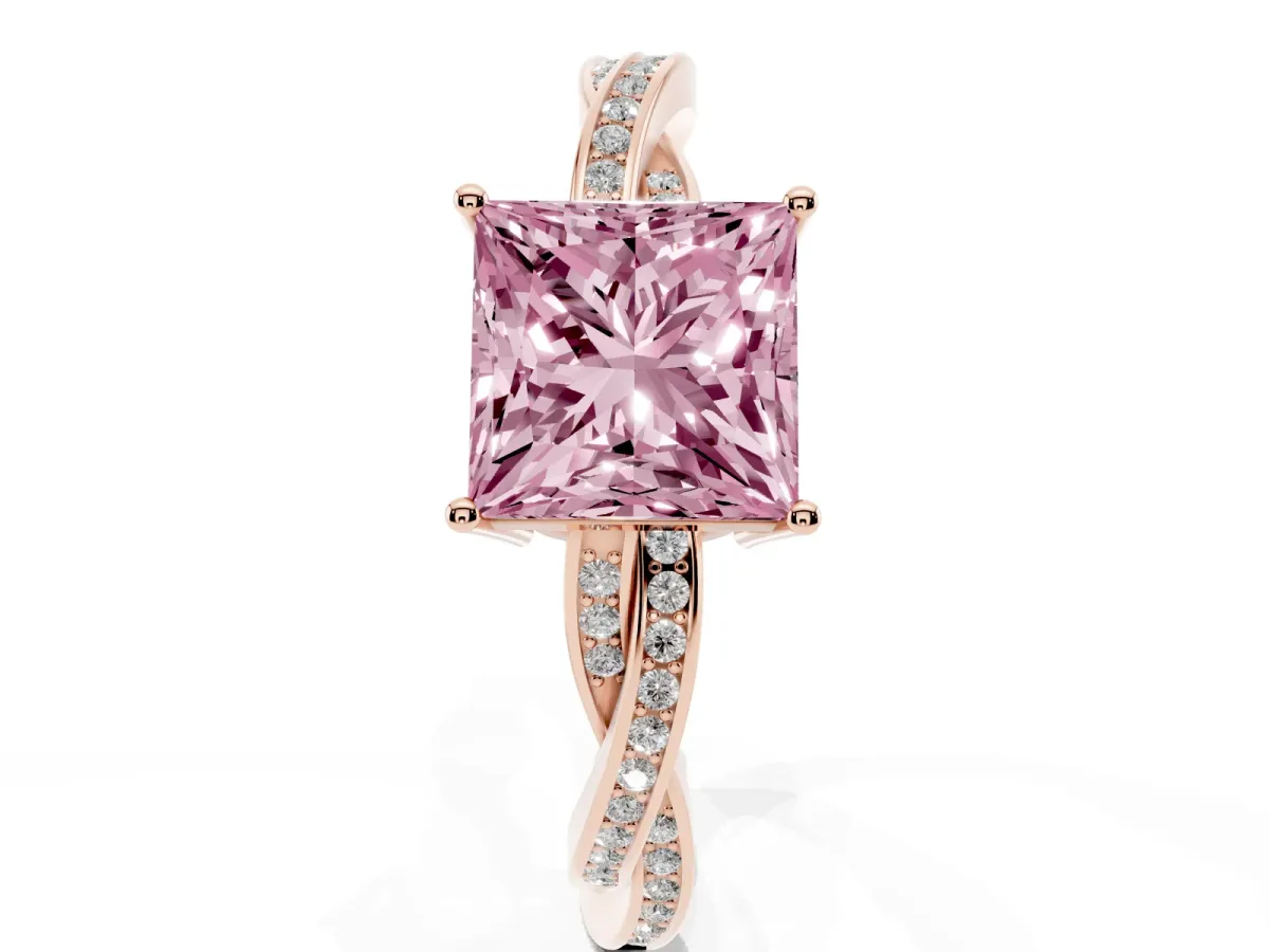 Fancy Pink Princess Cut Solitaire Twisted Pave Diamond Ring with Four-Prong Setting Rose gold