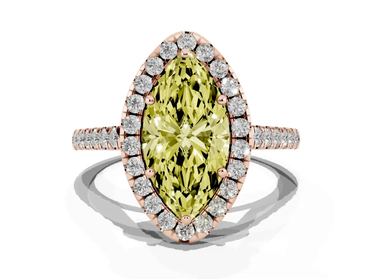 Fancy Yellow Marquise Cut Halo Pavé Diamond Engagement Ring with Four-Prong Setting Rose gold