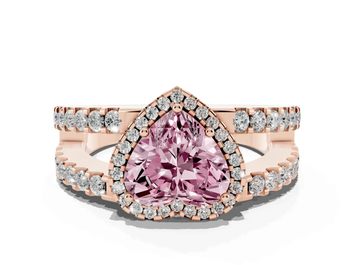 Fancy Pink Heart Cut Cut Halo Split Shank Diamond Ring with Four-Prong Setting Rose gold