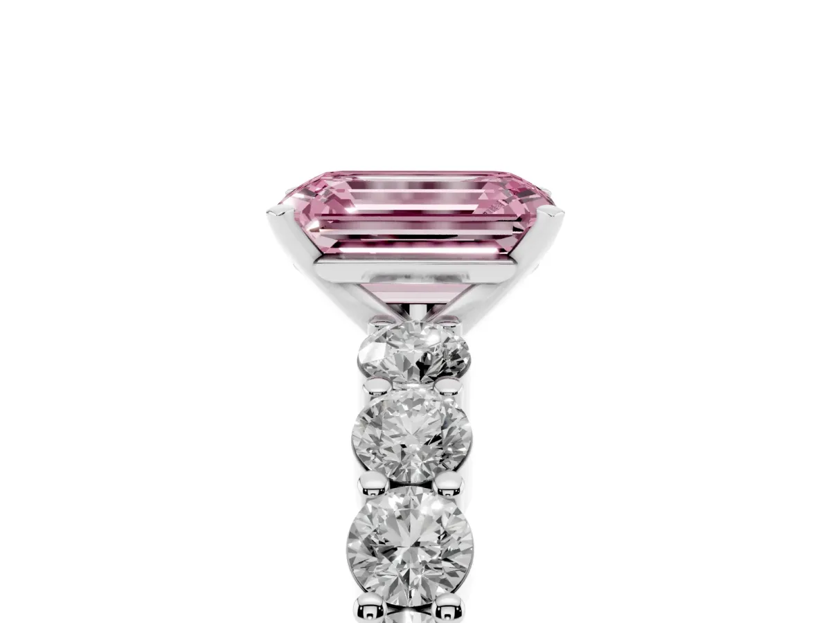 Fancy Pink Emerald Cut Diamond Solitaire Ring with Shared Prong Round Side Stones Silver