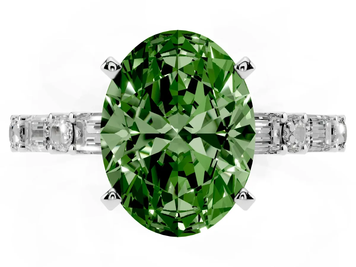 Fancy Green Oval Cut Diamond Solitaire with Side Baguettes and Channel Set Band Silver