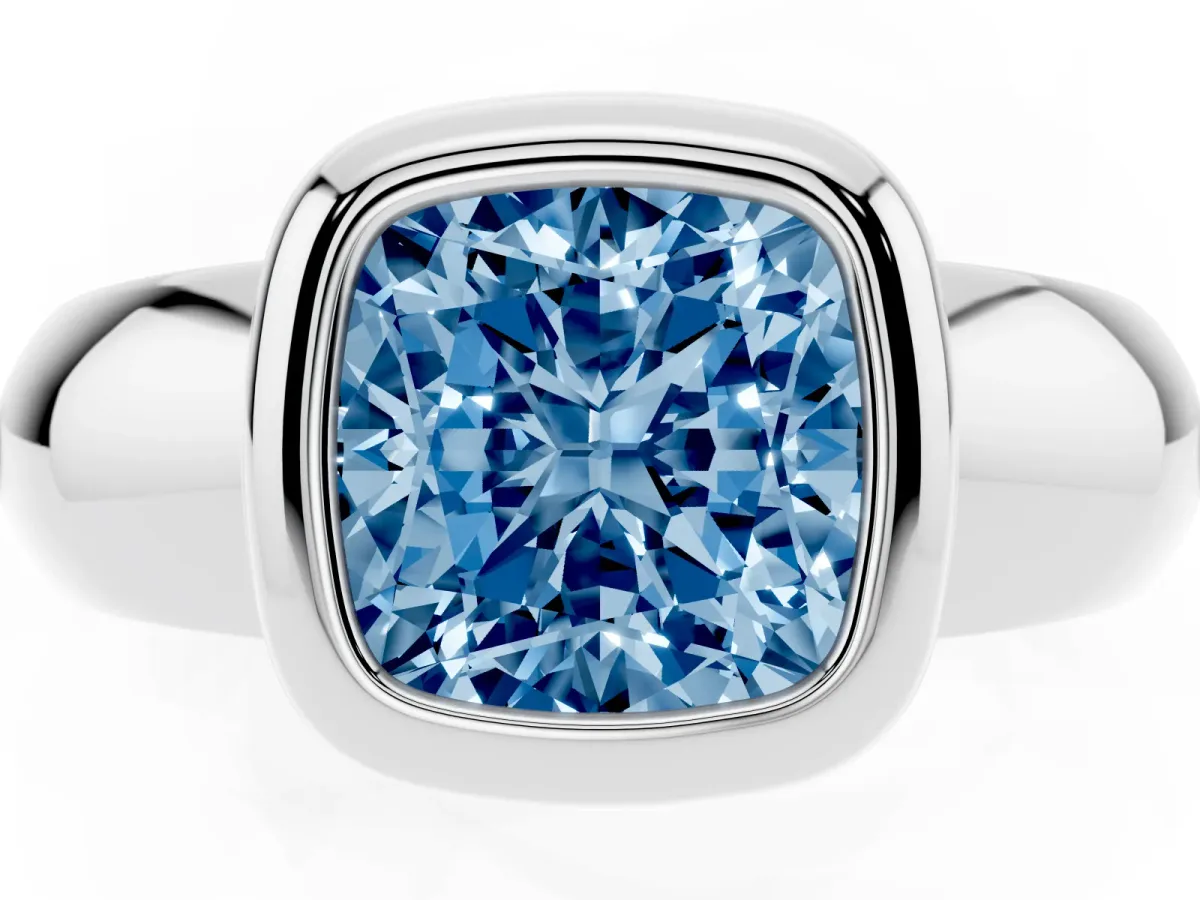 Fancy Blue Bezel Set Cushion Cut Solitaire Ring with Wide Band Silver
