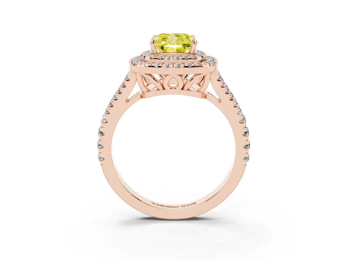 Fancy Yellow Cushion Cut Diamond Double Halo Ring with Pavé Band and Prong Setting Rose gold