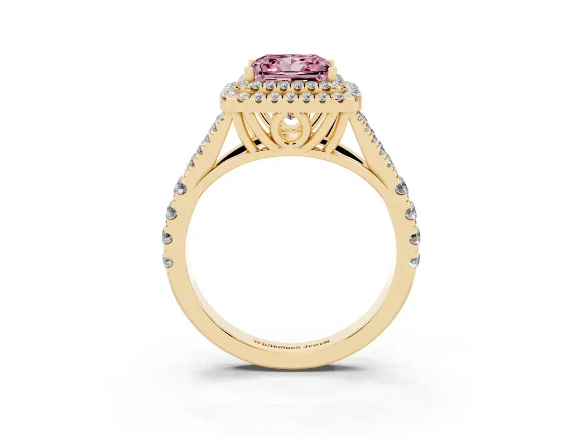 Fancy Pink Double Halo Princess Cut Diamond Split Shank Engagement Ring with Four-Prong Setting Yellow gold