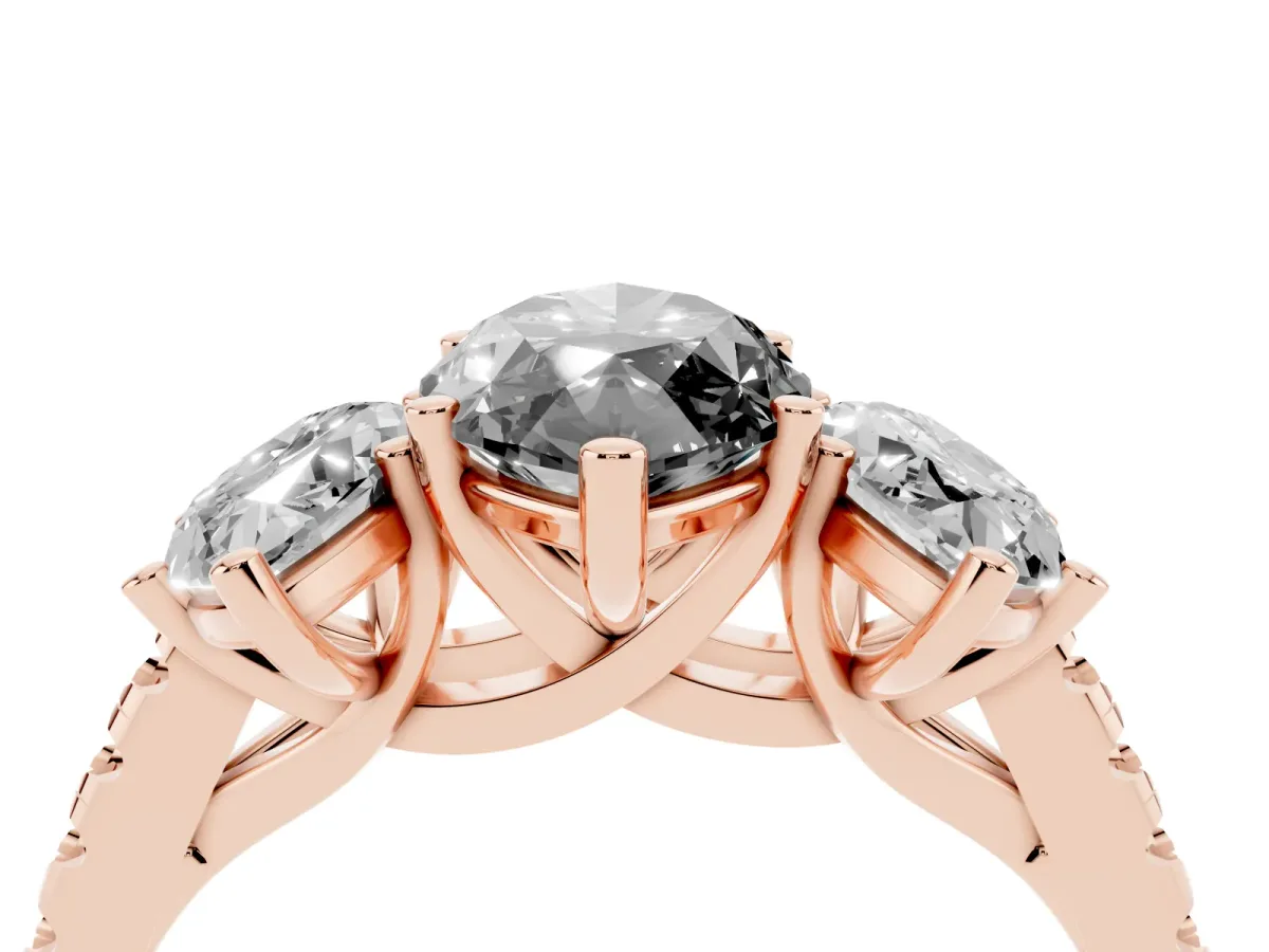 Fancy Black Three-Stone Marquise Cut Diamond Ring with Round Pavé Band and Prong Setting Rose gold