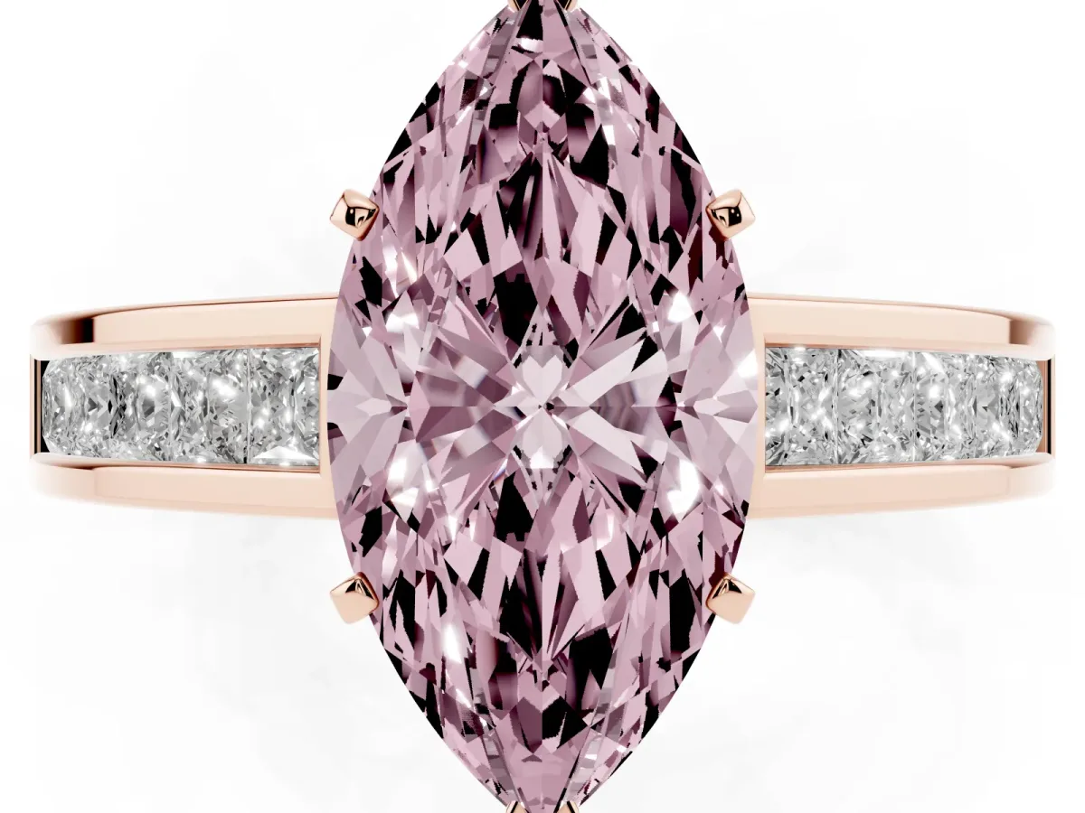 Fancy Pink Marquise Cut Solitaire Diamond Ring with Channel-Set Band and Four-Prong Setting Rose gold