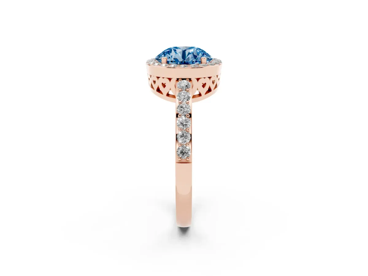 Fancy Blue Round Cut Halo Diamond Pavé Band Ring with Prong Setting Rose gold