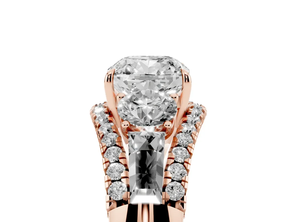 Three-Stone Cushion Cut Diamond Engagement Ring with Pave Band and Prong Setting Rose gold