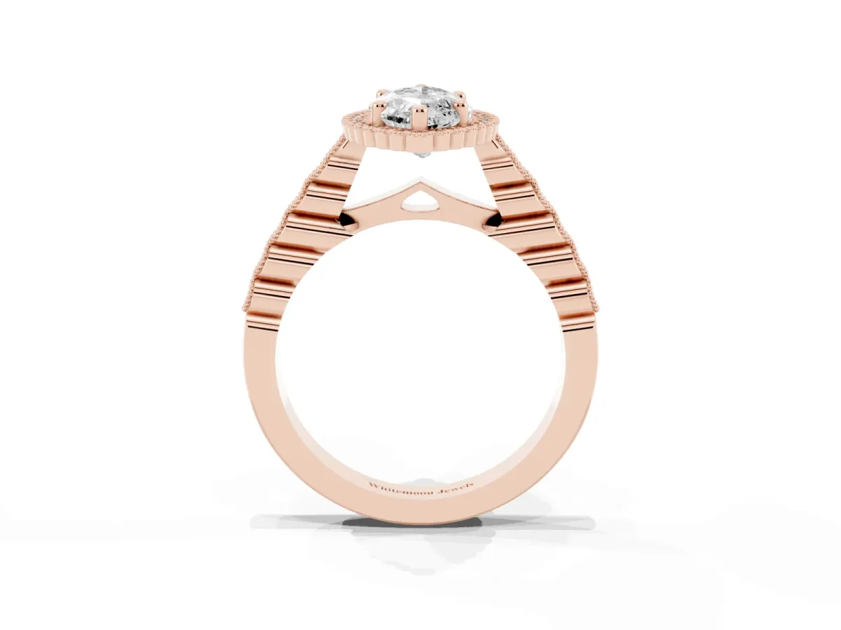 Marquise Cut Cut Halo Pavé Solitaire Ring with Milgrain Band Rose gold