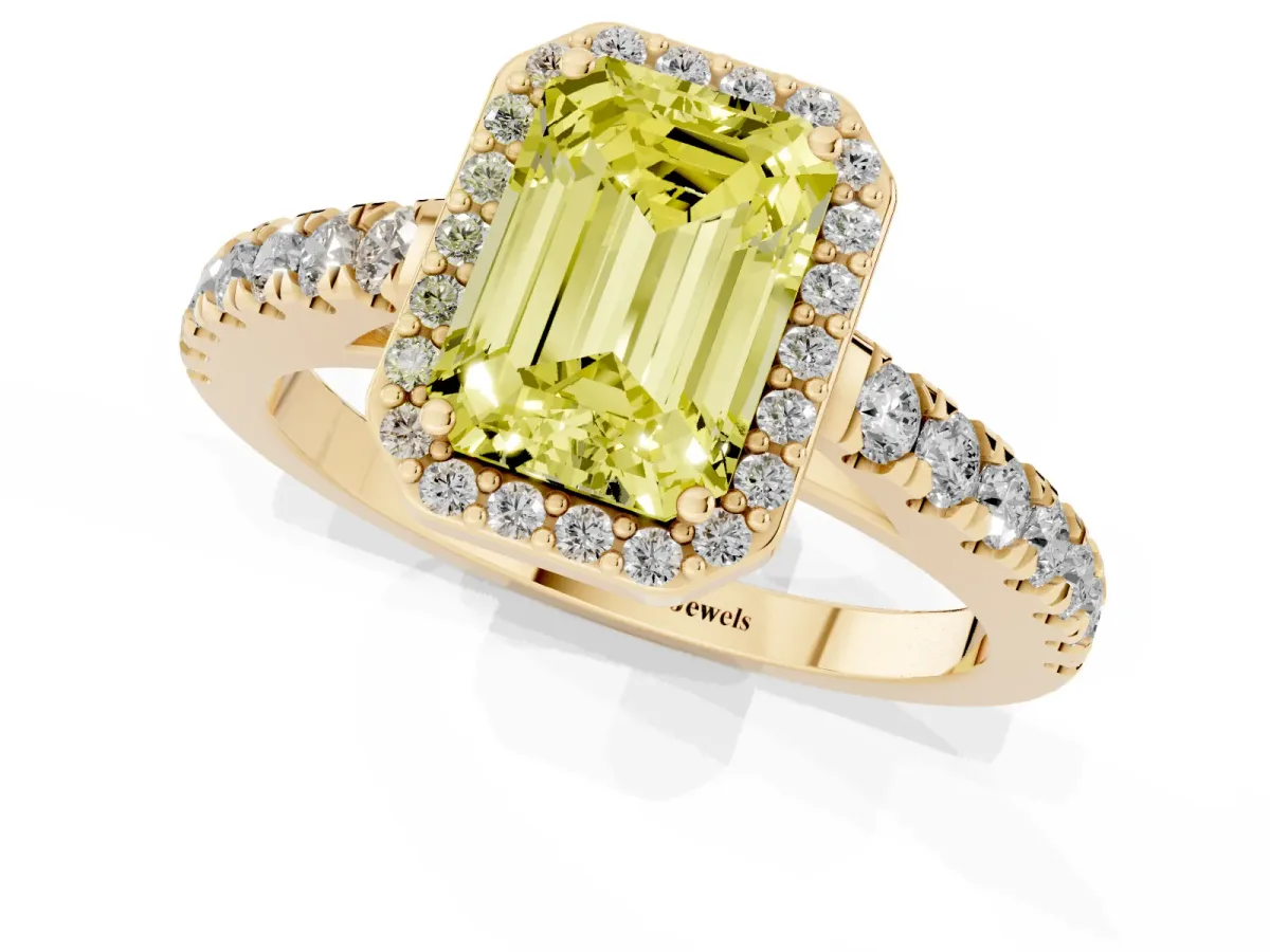 Fancy Yellow Emerald Cut Cut Halo Diamond Engagement Ring with Pave Band and Four-Prong Setting Yellow gold