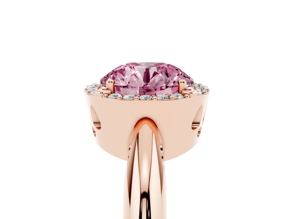 Fancy Pink Round Cut Cut Diamond Halo Engagement Ring with Split Shank and Four-Prong Setting Rose gold