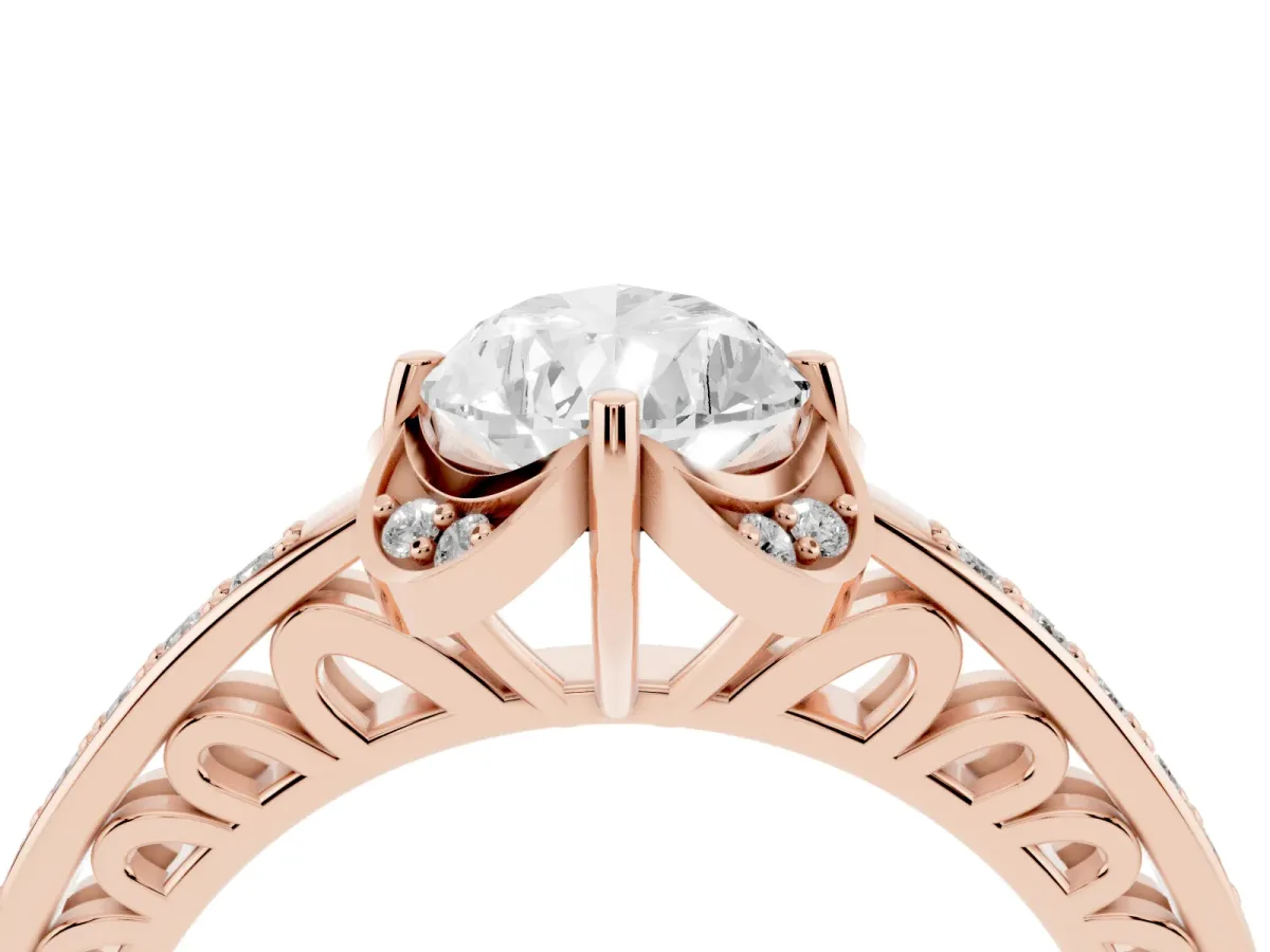 Pear Cut Cut Halo Diamond Ring with Channel Set Band and Four-Prong Setting Rose gold