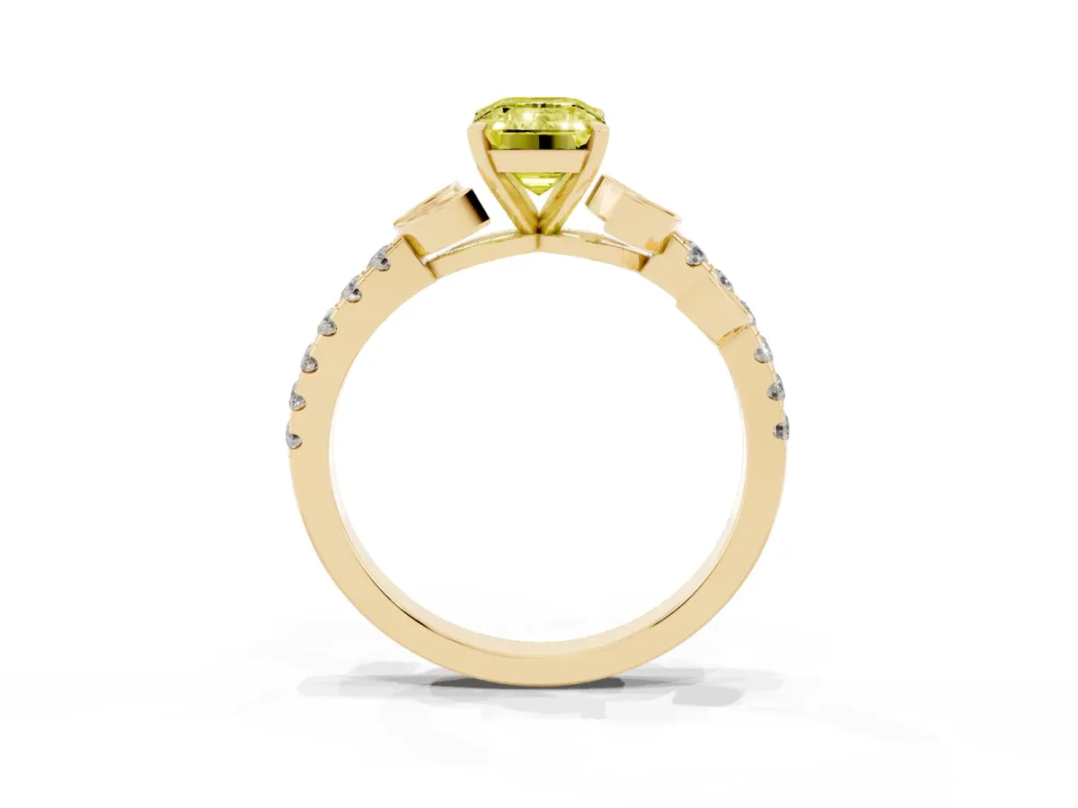 Fancy Yellow Emerald Cut Solitaire Leaf-Inspired Diamond Ring with Pavé Band and Four-Prong Setting Yellow gold
