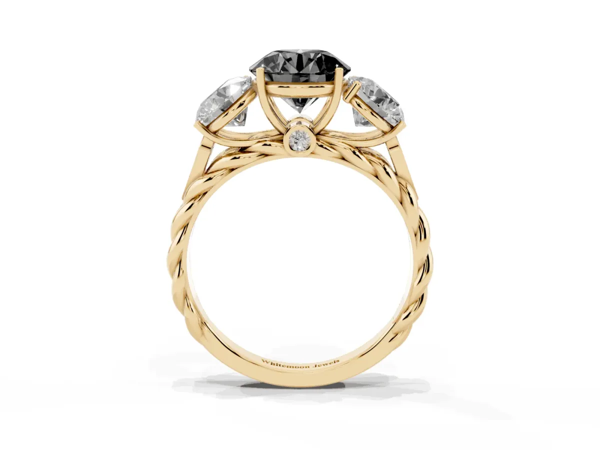Fancy Black Three-Stone Round Cut Diamond Braided Band Ring with Four-Prong Setting Yellow gold