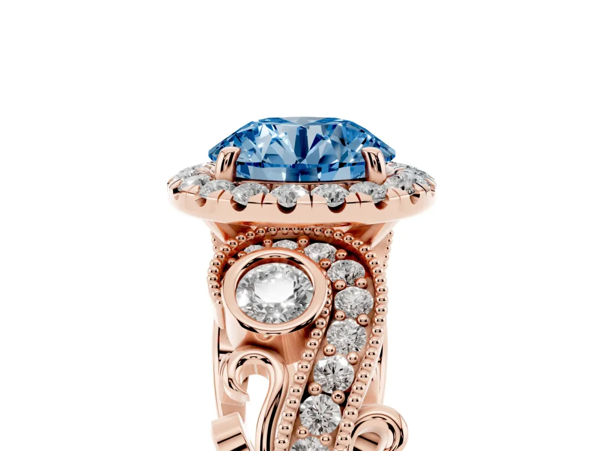 Fancy Blue Round Cut Diamond Halo Ring with Milgrain Pavé Band and Four-Prong Setting Rose gold