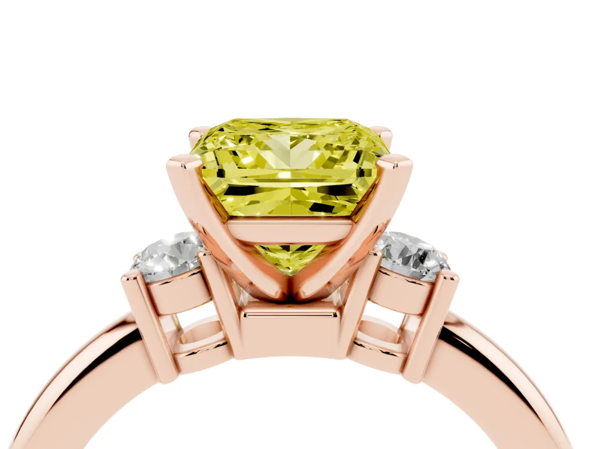 Fancy Yellow Three-Stone Princess Cut Cut Diamond Solitaire with Prong Setting and Classic Band Rose gold