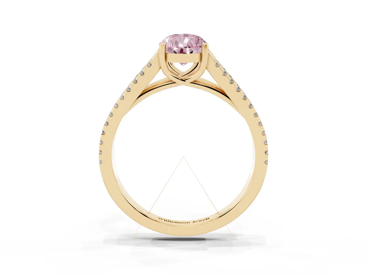 Fancy Pink Pear Cut Diamond Solitaire Engagement Ring with Split Shank Pavé Band Yellow gold