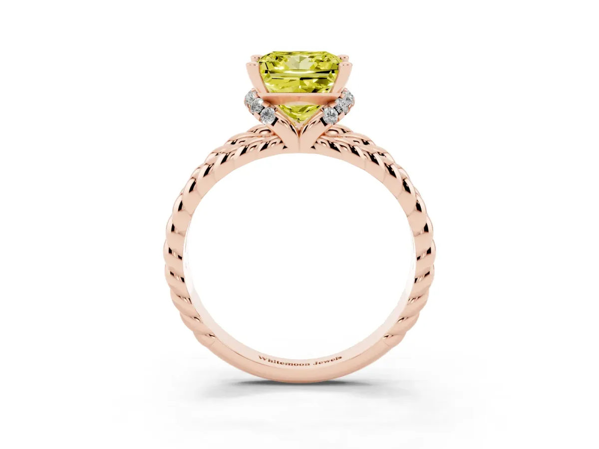 Fancy Yellow Princess Cut Halo Twisted Band Four-Prong Ring Rose gold