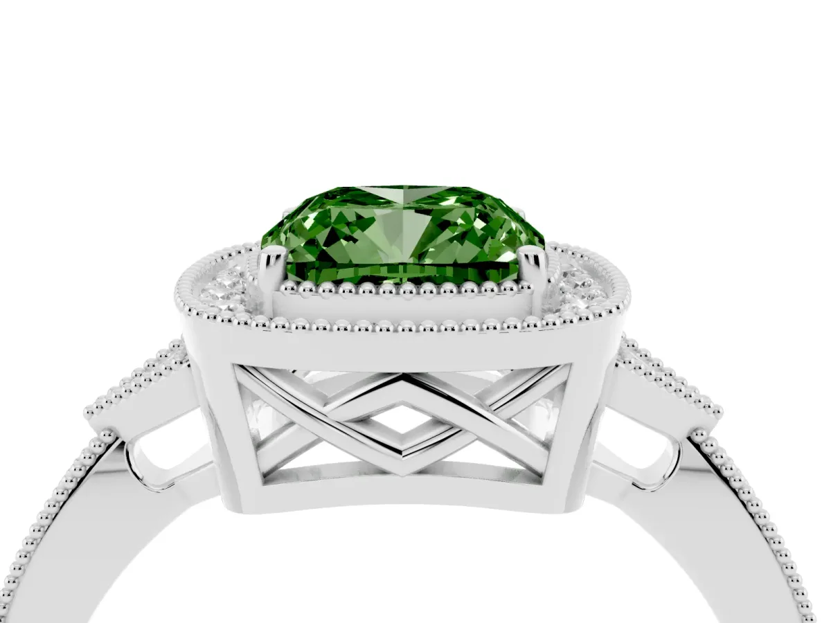 Fancy Green Cushion Cut Halo Round Diamond Milgrain Pave Engagement Ring Silver