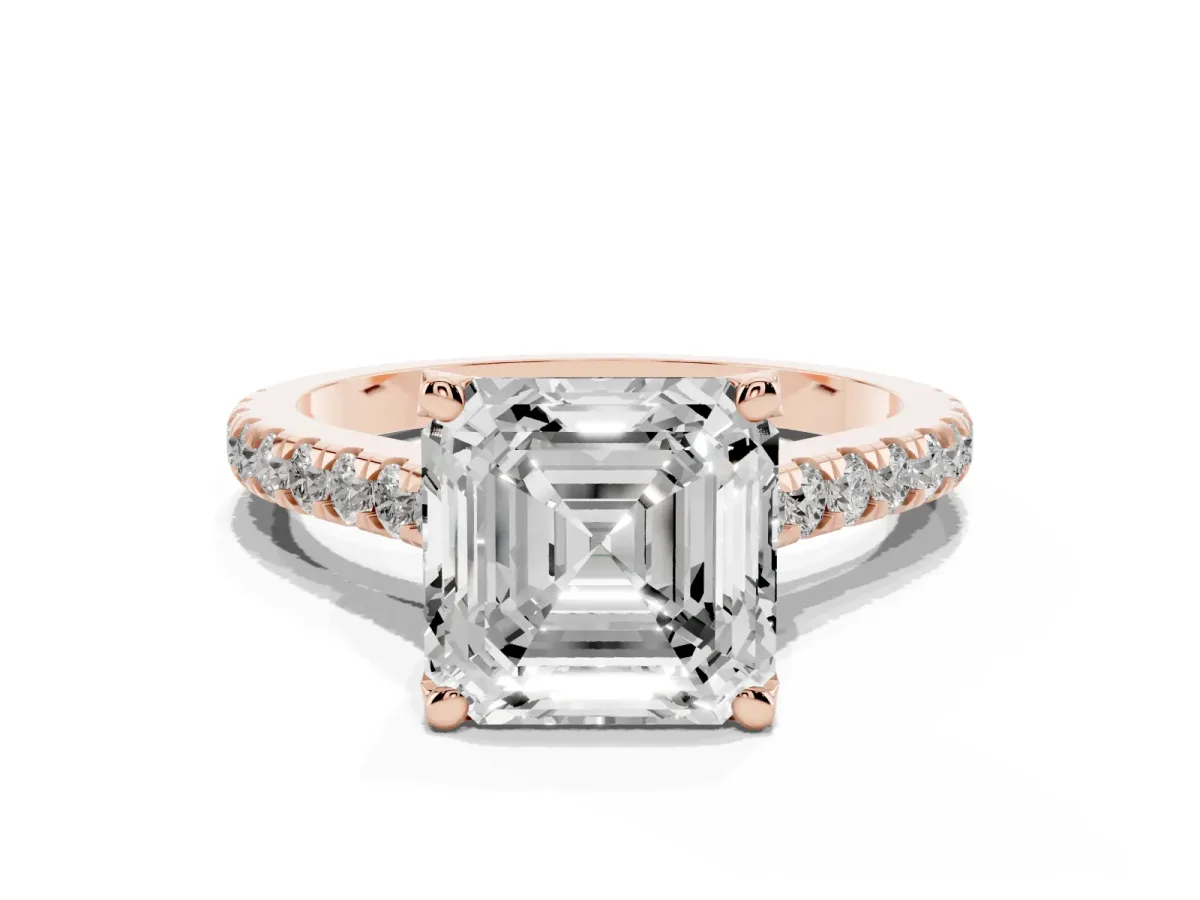 Asscher Cut Brilliant Diamond Solitaire with Pavé Band and Four-Prong Setting Rose gold