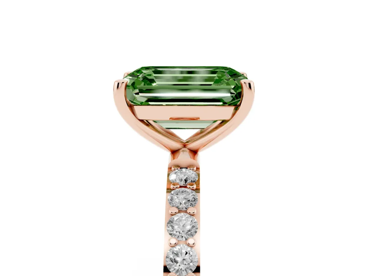 Fancy Green Emerald Cut Diamond Solitaire Ring with Round Pavé Shoulders and Prong Setting Rose gold