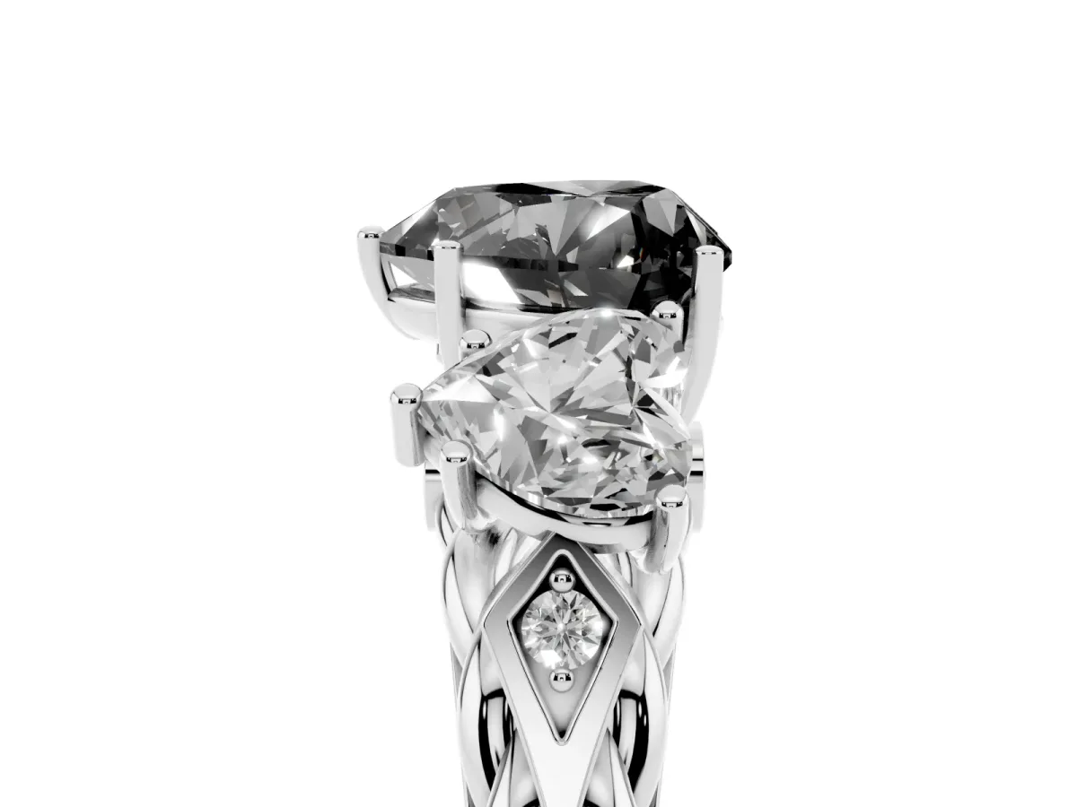 Fancy Black Three-Stone Heart Cut Diamond Braided Band Ring with Four-Prong Setting Silver