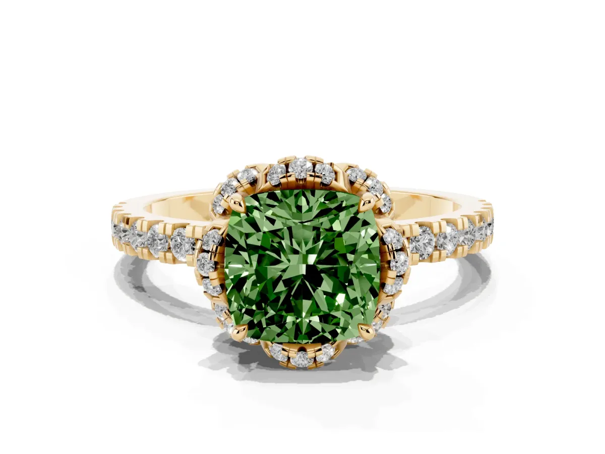 Fancy Green Cushion Cut Halo Diamond Pave Band Ring with Four-Prong Setting Yellow gold