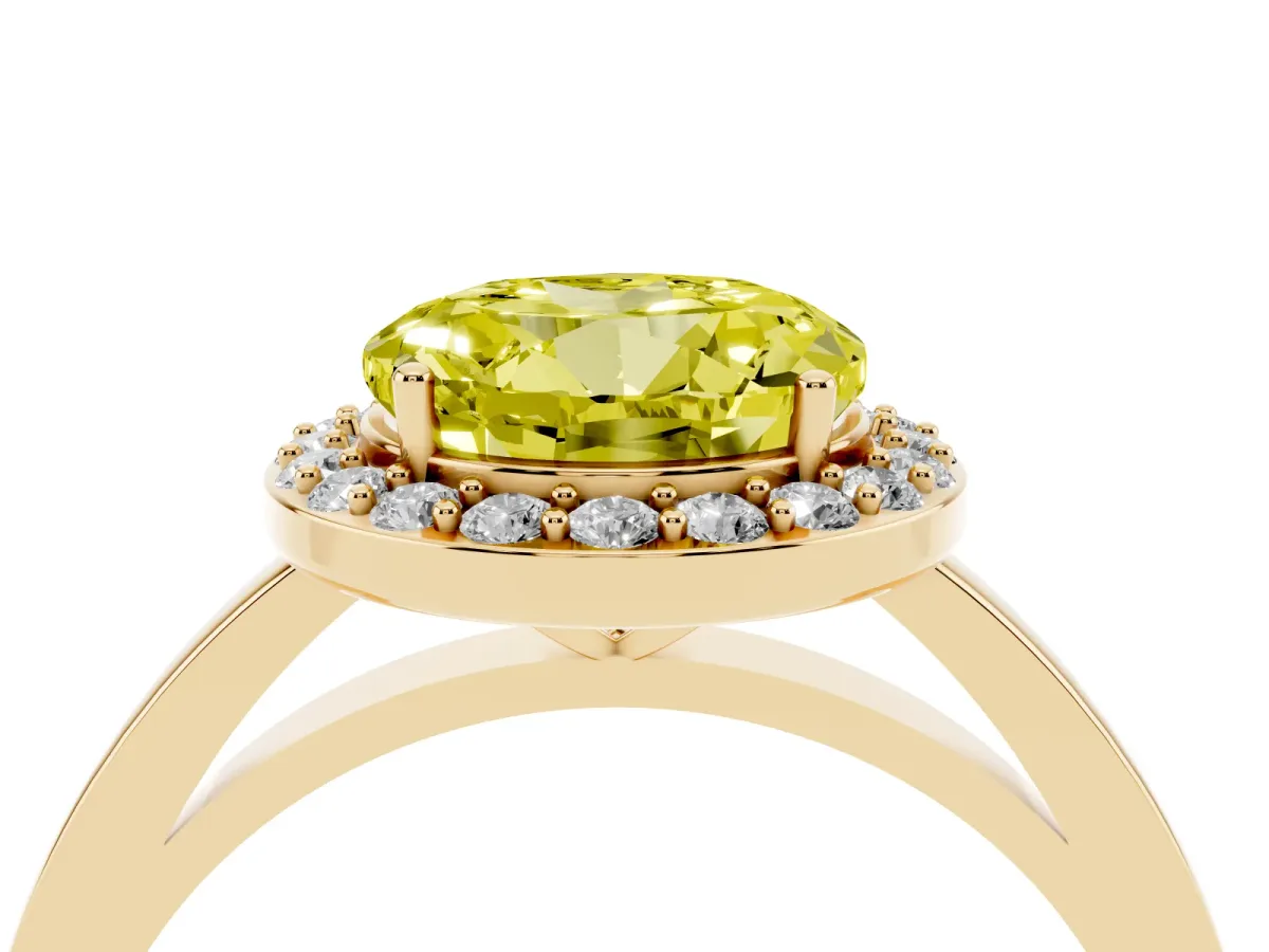 Fancy Yellow Round Cut Halo Diamond Ring with Solitaire Band and Prong Setting Yellow gold