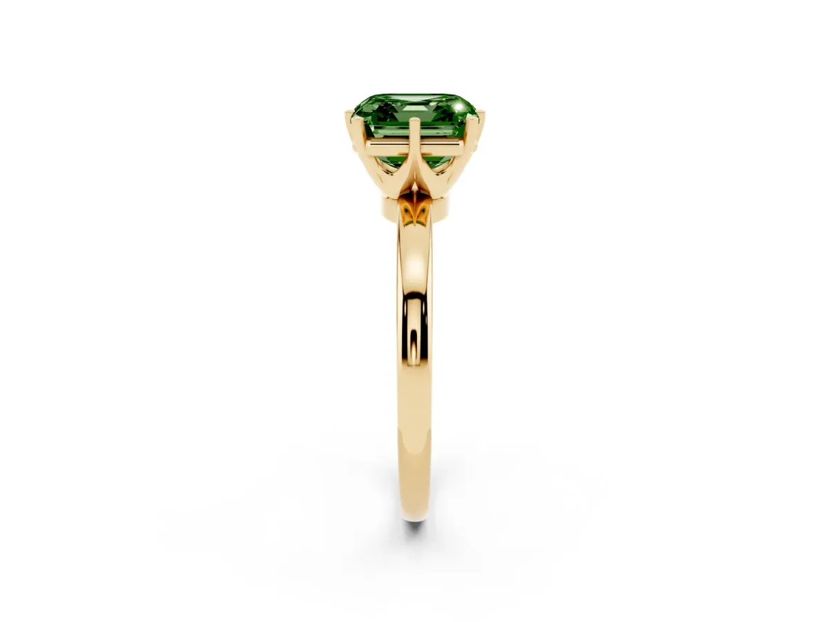 Fancy Green Asscher Cut Solitaire Diamond Ring with Six-Prong Setting on a Classic Band Yellow gold