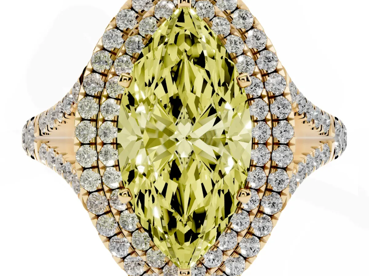 Fancy Yellow Marquise Cut Cut Double Halo Split Shank Diamond Ring with Prong Setting Yellow gold