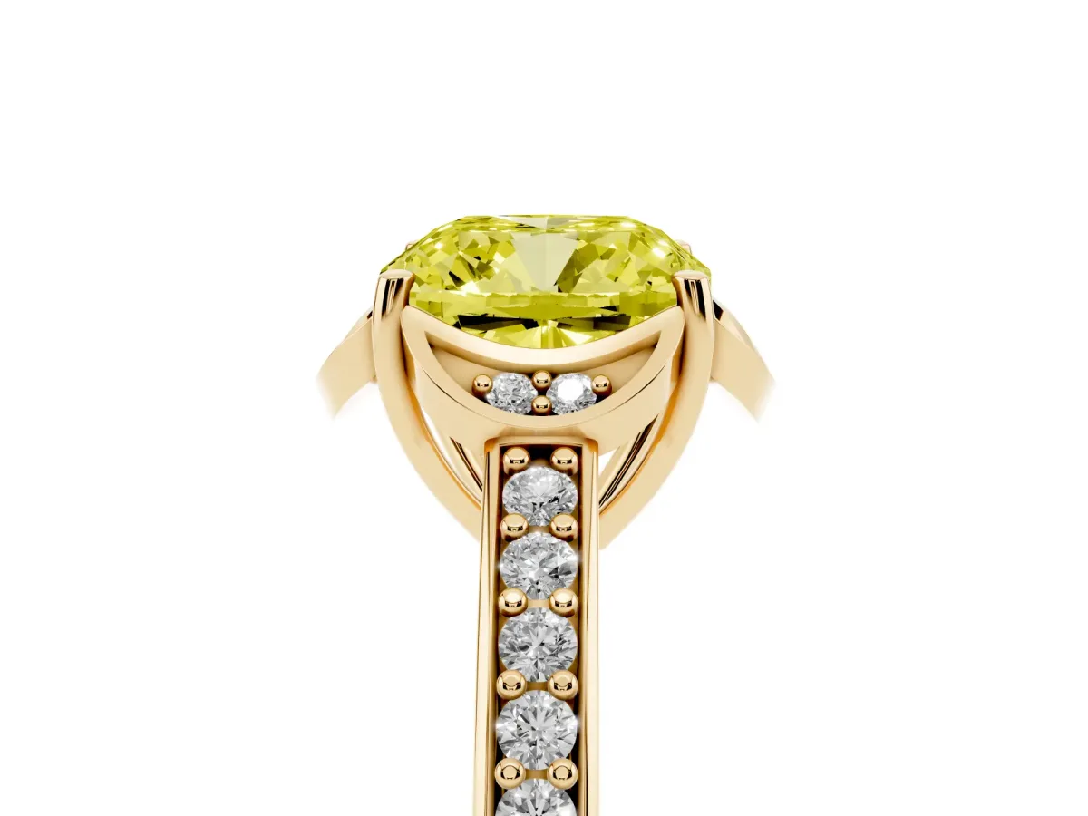 Fancy Yellow Cushion Cut Cut Halo Diamond Ring with Channel Set Band and Four-Prong Setting Yellow gold