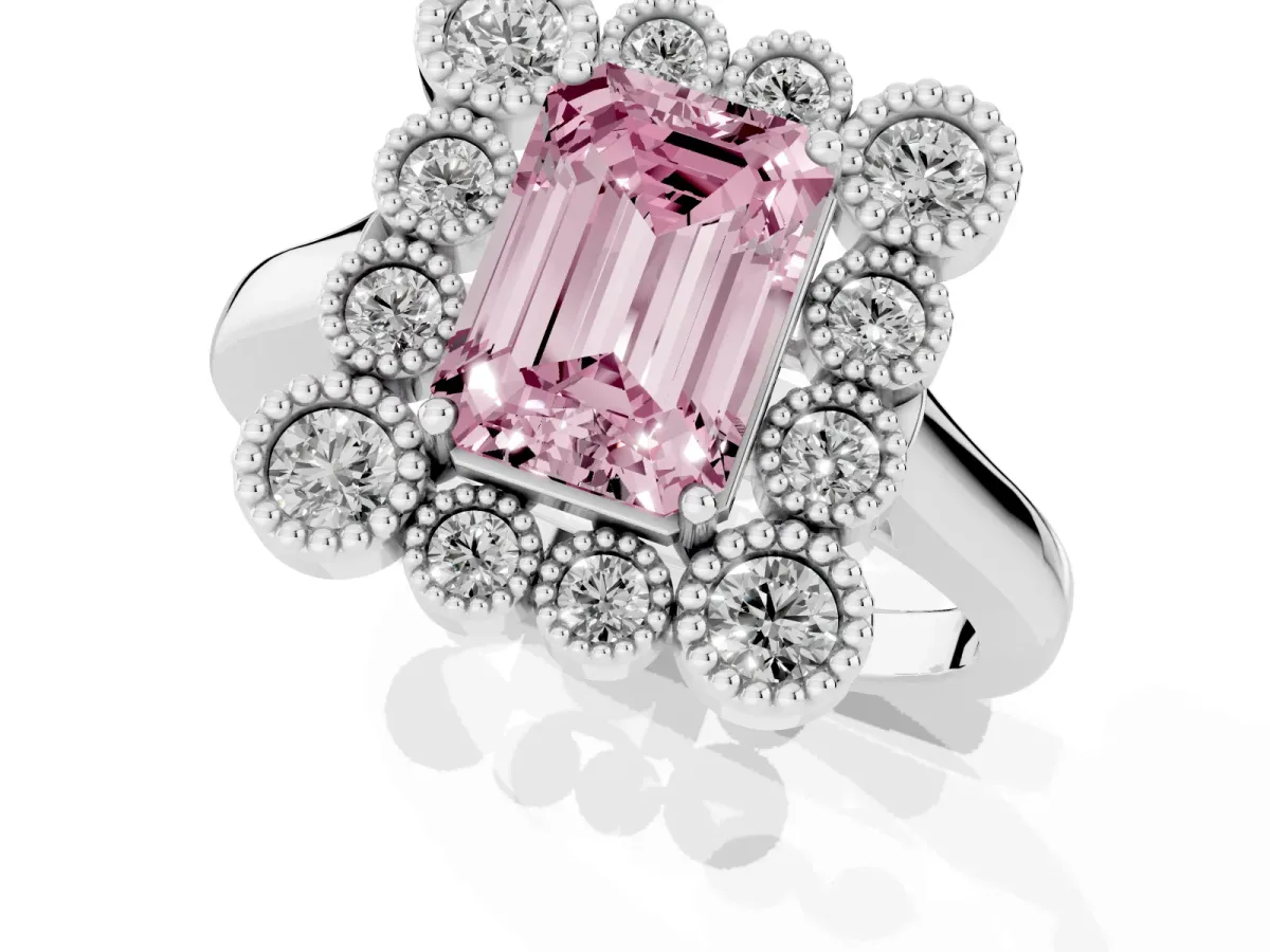 Fancy Pink Emerald Cut Halo Diamond Cluster Engagement Ring with Milgrain Bezel Setting and Solitaire Band Platinum